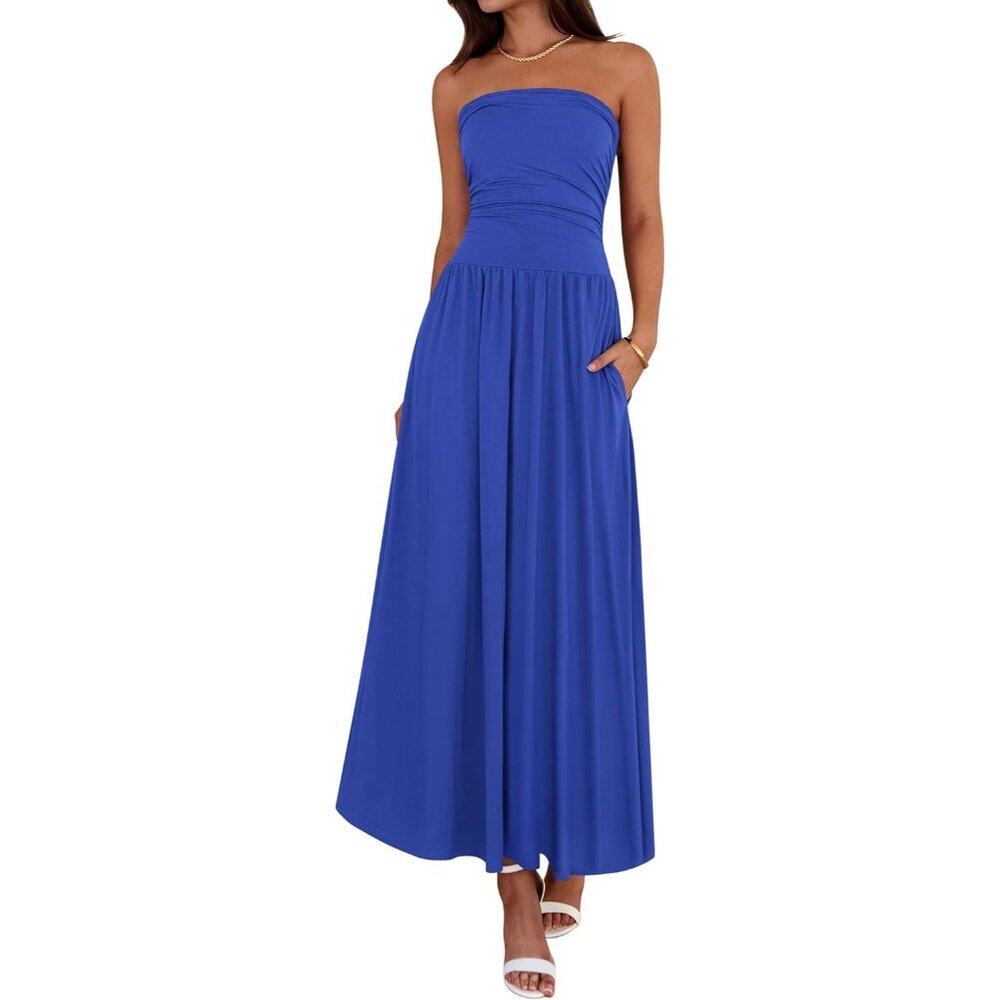 Women Royal Blue 2026 Strapless Ruched Tube Top Beach Vacation Spring Maxi Dress